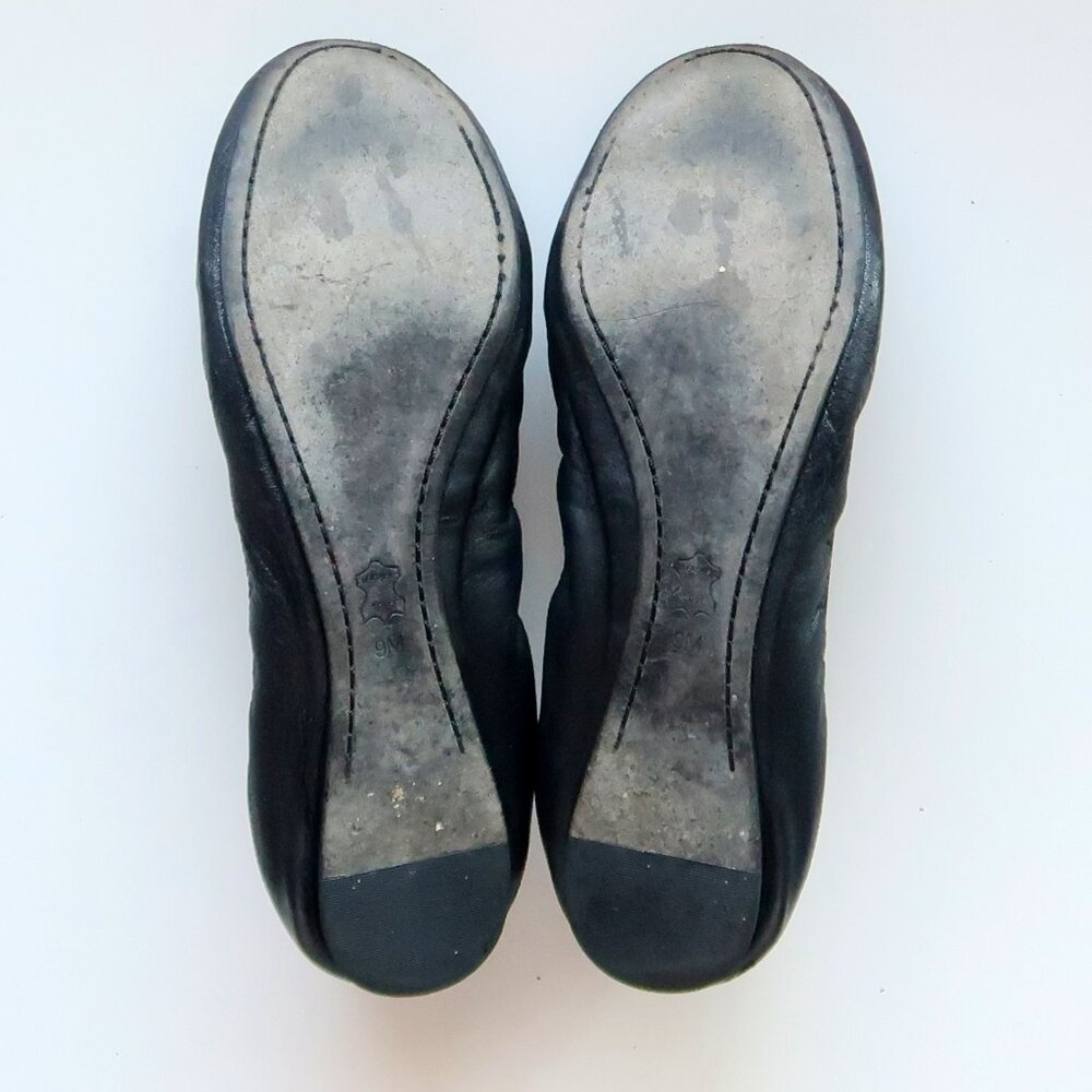 Tory Burch Black Leather Round Toe Ballet Flats Gold Logo Classic Designer Shoes - Picture 7 of 16